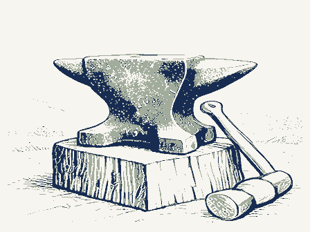 Decorative drawing: a blacksmith's anvil, its horn and square heel clearly shown, bolted to a timber block, with.... Not a photograph of this place.