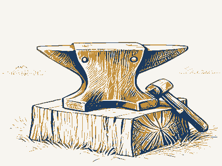 Decorative drawing: a blacksmith's anvil, its horn and square heel clearly shown, bolted to a timber block, with.... Not a photograph of this place.