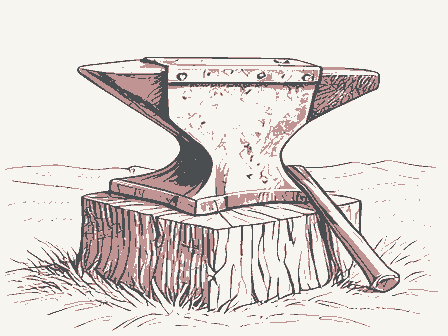 Decorative drawing: a blacksmith's anvil, its horn and square heel clearly shown, bolted to a timber block, with.... Not a photograph of this place.