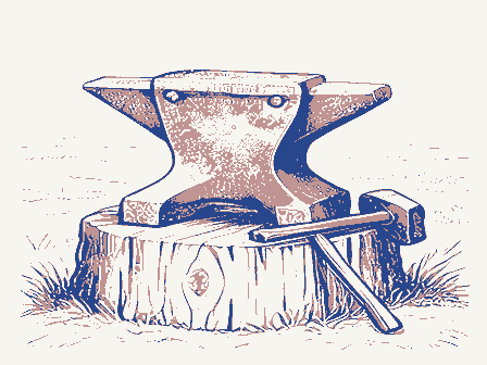 Decorative drawing: a blacksmith's anvil, its horn and square heel clearly shown, bolted to a timber block, with.... Not a photograph of this place.