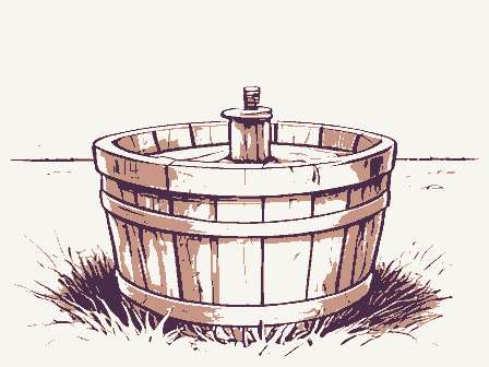 Decorative drawing: a cider press with a screw and a slatted basket. Not a photograph of this place.