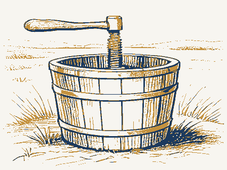 Decorative drawing: a cider press with a screw and a slatted basket. Not a photograph of this place.
