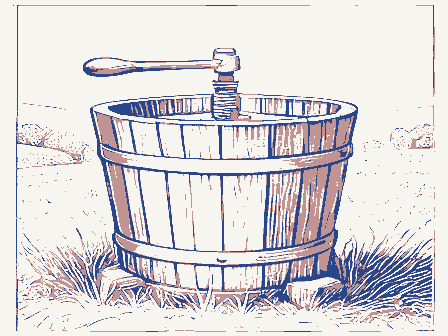 Decorative drawing: a cider press with a screw and a slatted basket. Not a photograph of this place.