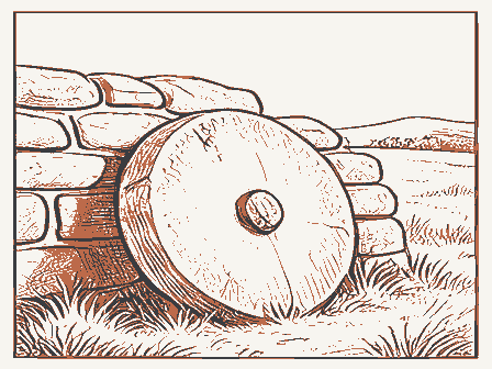 Decorative drawing: a millstone leaning against a stone wall. Not a photograph of this place.