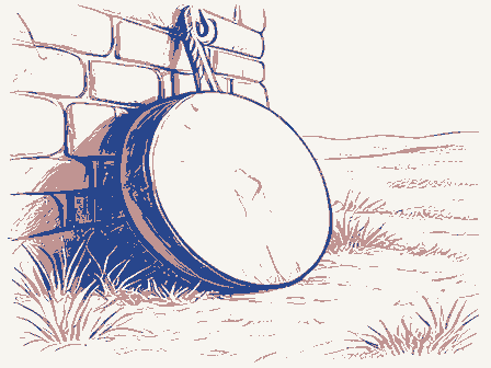 Decorative drawing: a millstone leaning against a stone wall. Not a photograph of this place.