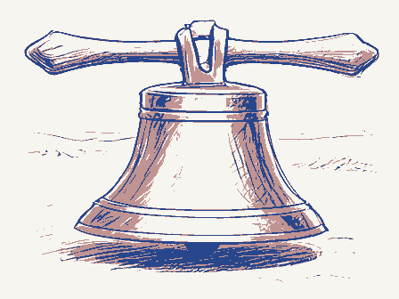 Decorative drawing: a cast-iron school bell on a yoke with a rope. Not a photograph of this place.