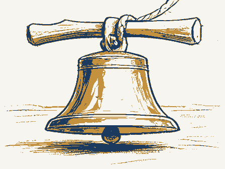 Decorative drawing: a cast-iron school bell on a yoke with a rope. Not a photograph of this place.