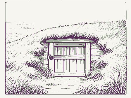 Decorative drawing: a root cellar with a plank door set into a grassy bank. Not a photograph of this place.