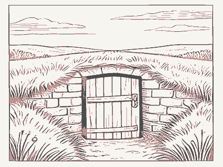 Decorative drawing: a root cellar with a plank door set into a grassy bank. Not a photograph of this place.
