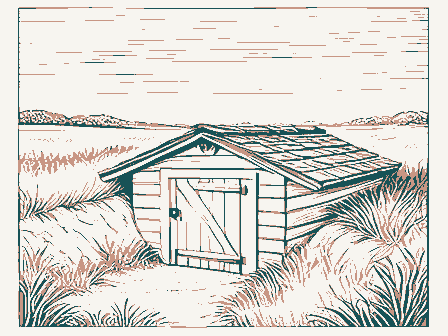 Decorative drawing: a root cellar with a plank door set into a grassy bank. Not a photograph of this place.