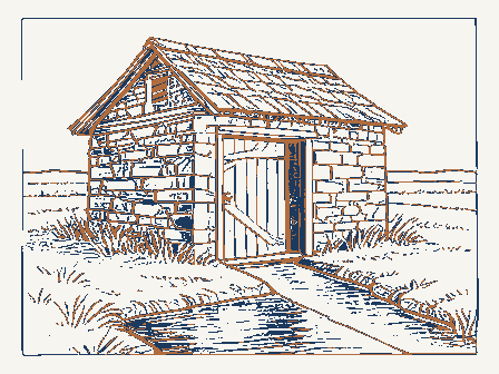Decorative drawing: a small stone springhouse. Not a photograph of this place.