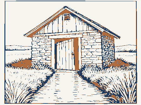 Decorative drawing: a small stone springhouse. Not a photograph of this place.