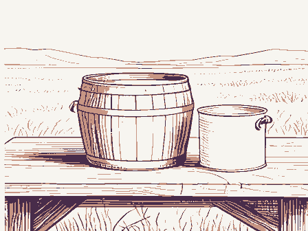 Decorative drawing: a butter churn and a cream can on a bench. Not a photograph of this place.