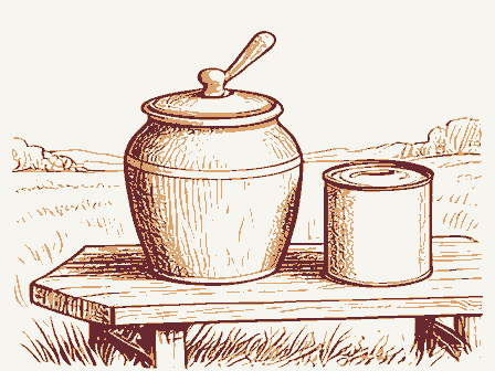 Decorative drawing: a butter churn and a cream can on a bench. Not a photograph of this place.