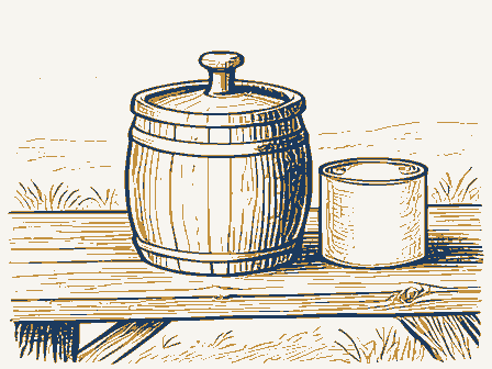 Decorative drawing: a butter churn and a cream can on a bench. Not a photograph of this place.