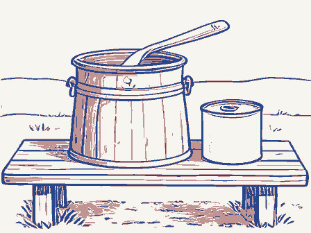 Decorative drawing: a butter churn and a cream can on a bench. Not a photograph of this place.