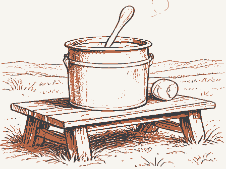 Decorative drawing: a butter churn and a cream can on a bench. Not a photograph of this place.