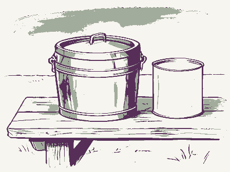 Decorative drawing: a butter churn and a cream can on a bench. Not a photograph of this place.