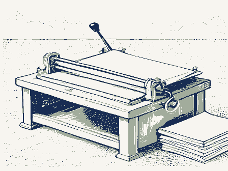 Decorative drawing: a hand-operated flatbed printing press in a small workshop, its lever, bed and ink rollers,.... Not a photograph of this place.