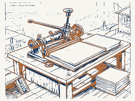 Decorative drawing: a hand-operated flatbed printing press in a small workshop, its lever, bed and ink rollers,.... Not a photograph of this place.