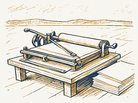 Decorative drawing: a hand-operated flatbed printing press in a small workshop, its lever, bed and ink rollers,.... Not a photograph of this place.