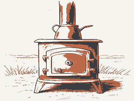 Decorative drawing: a cast-iron cook stove with a kettle and a fire door. Not a photograph of this place.