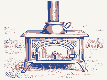 Decorative drawing: a cast-iron cook stove with a kettle and a fire door. Not a photograph of this place.