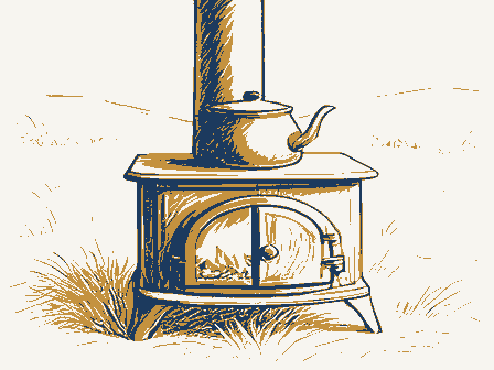 Decorative drawing: a cast-iron cook stove with a kettle and a fire door. Not a photograph of this place.