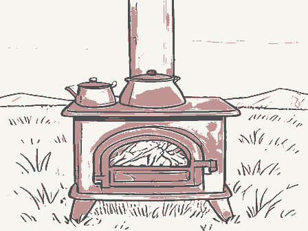 Decorative drawing: a cast-iron cook stove with a kettle and a fire door. Not a photograph of this place.