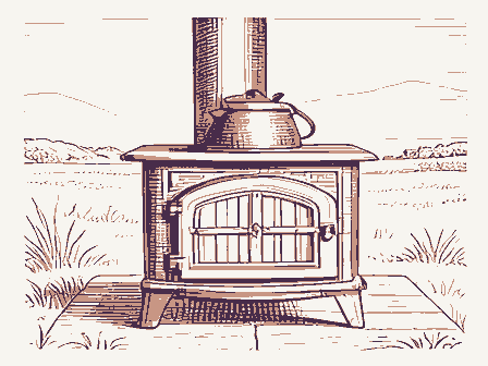 Decorative drawing: a cast-iron cook stove with a kettle and a fire door. Not a photograph of this place.