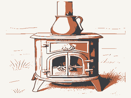 Decorative drawing: a cast-iron cook stove with a kettle and a fire door. Not a photograph of this place.