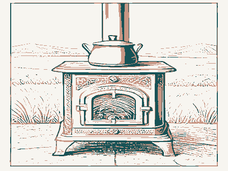 Decorative drawing: a cast-iron cook stove with a kettle and a fire door. Not a photograph of this place.