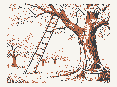 Decorative drawing: an orchard with a ladder against a tree and a bushel basket. Not a photograph of this place.
