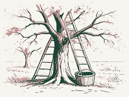 Decorative drawing: an orchard with a ladder against a tree and a bushel basket. Not a photograph of this place.