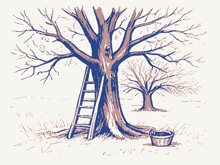 Decorative drawing: an orchard with a ladder against a tree and a bushel basket. Not a photograph of this place.