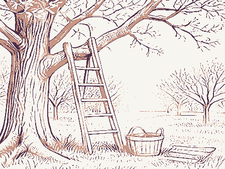 Decorative drawing: an orchard with a ladder against a tree and a bushel basket. Not a photograph of this place.