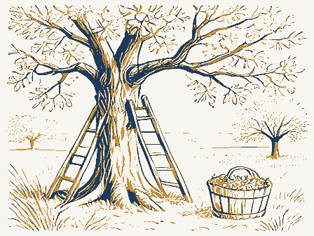 Decorative drawing: an orchard with a ladder against a tree and a bushel basket. Not a photograph of this place.