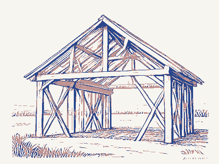 Decorative drawing: a timber barn frame skeleton with ridge beam and rafters. Not a photograph of this place.