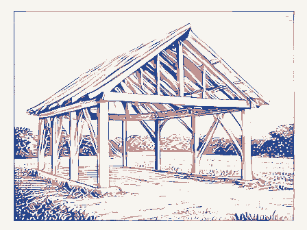 Decorative drawing: a timber barn frame skeleton with ridge beam and rafters. Not a photograph of this place.