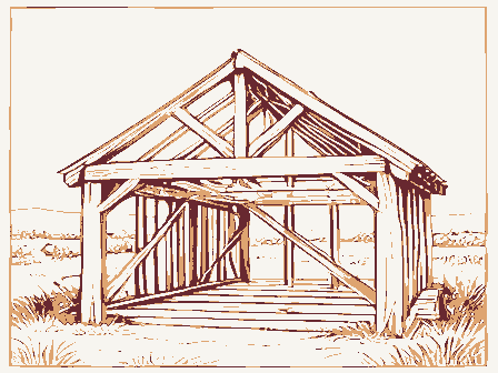 Decorative drawing: a timber barn frame skeleton with ridge beam and rafters. Not a photograph of this place.