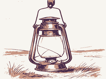 Decorative drawing: an oil lantern hanging from a hook, chimney and handle. Not a photograph of this place.