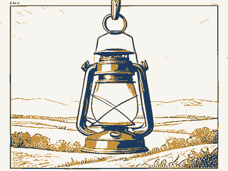 Decorative drawing: an oil lantern hanging from a hook, chimney and handle. Not a photograph of this place.