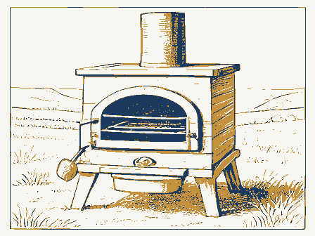 Decorative drawing: a bake oven with an arched, blackened mouth and a long-handled peel. Not a photograph of this place.