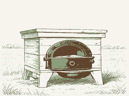 Decorative drawing: a bake oven with an arched, blackened mouth and a long-handled peel. Not a photograph of this place.