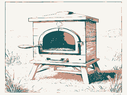 Decorative drawing: a bake oven with an arched, blackened mouth and a long-handled peel. Not a photograph of this place.