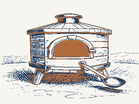 Decorative drawing: a bake oven with an arched, blackened mouth and a long-handled peel. Not a photograph of this place.