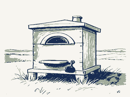 Decorative drawing: a bake oven with an arched, blackened mouth and a long-handled peel. Not a photograph of this place.