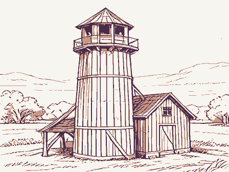 Decorative drawing: a timber grain elevator with a cupola, a scale shed and a grain chute. Not a photograph of this place.