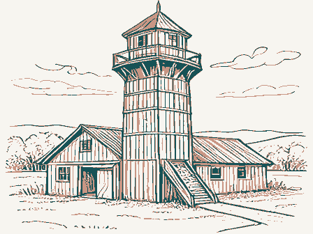 Decorative drawing: a timber grain elevator with a cupola, a scale shed and a grain chute. Not a photograph of this place.