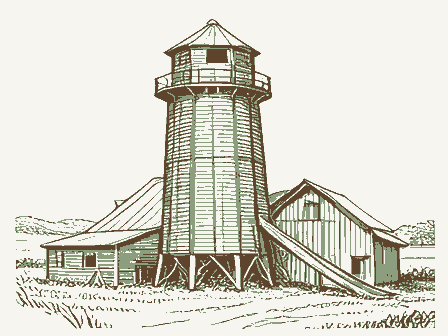 Decorative drawing: a timber grain elevator with a cupola, a scale shed and a grain chute. Not a photograph of this place.